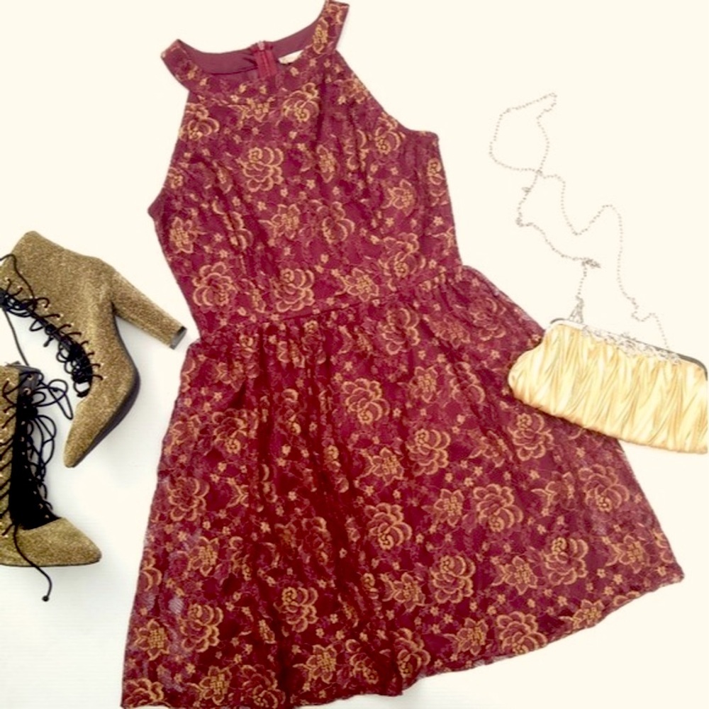 XS Red and Gold Lace Cocktail Dress